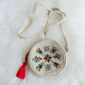 Steve Madden Mini Circle Crossbody Bag Canvas Rhinestones Tassle Boho Festival